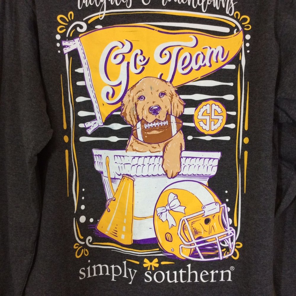 2/$30 Simply Southern Tailgate Football‎ Cheer Shirt Gray Yellow Long Sleeve